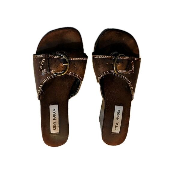 Steve Madden Drill Wood Wedge Leather Open Slip-On Sandals Platform Buckle 7B - Picture 5 of 12